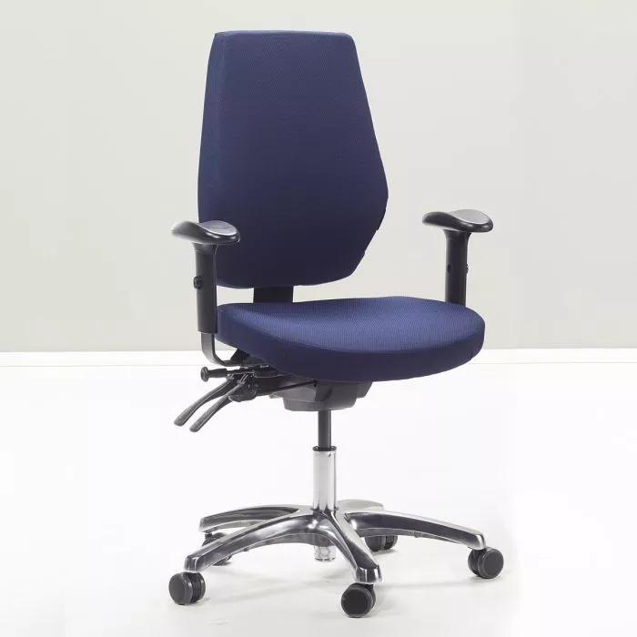 Blue ergonomic office chair with height-adjustable armrests and a five-wheel base on a white floor.