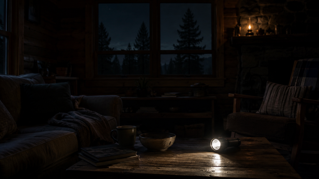 Cozy rustic cabin living room at night with a flashlight on a wooden coffee table, mug and bowl, and a sofa nearby.
