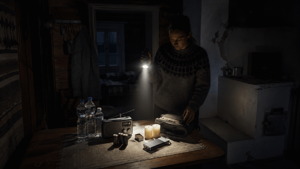 ChatGPT Image 1152026 klo 131707 2 1 - TaloEkspertti Woman in a dark cabin shining a flashlight on a table cluttered with water bottles, a radio, candles, and a bag.