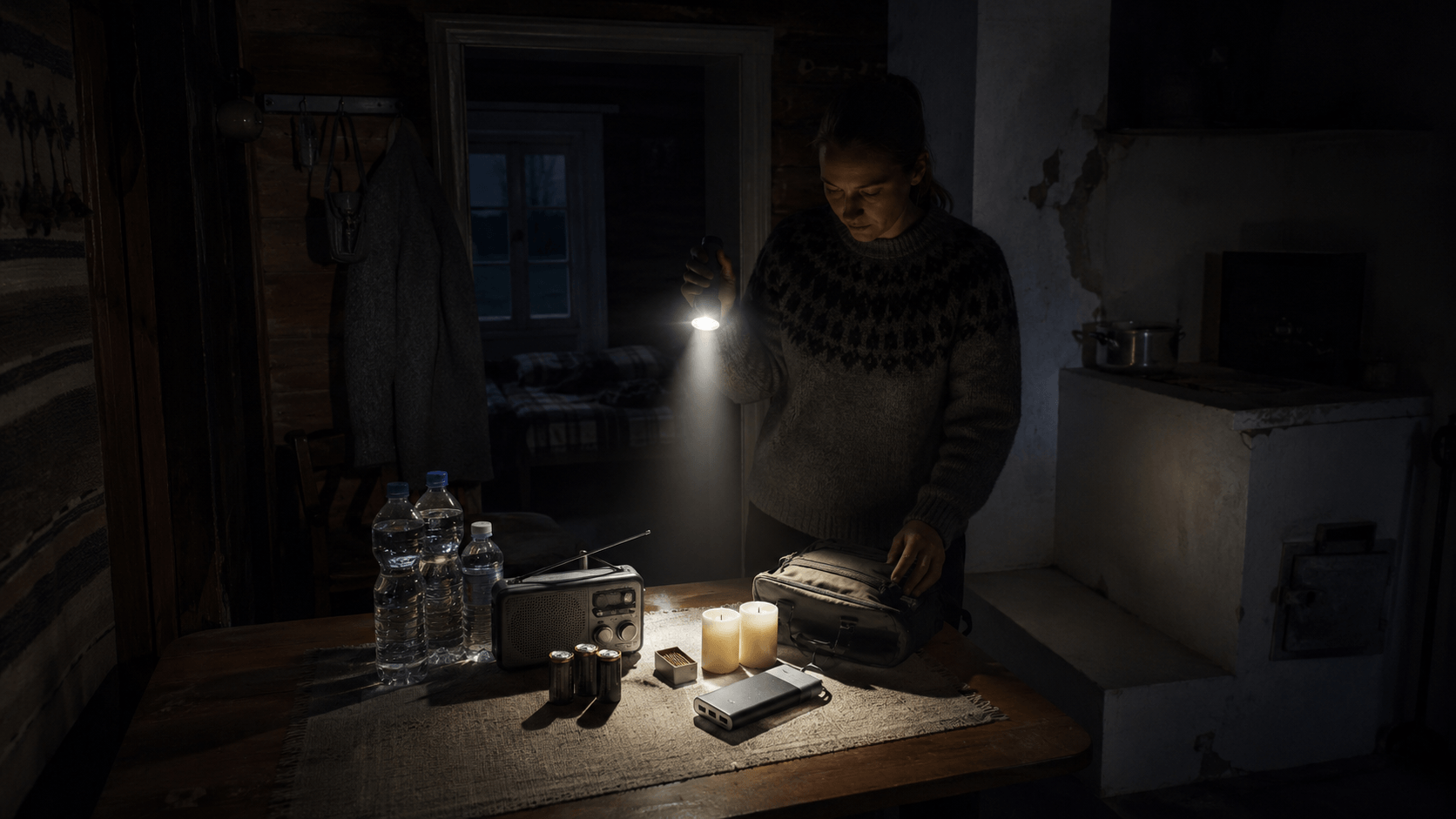 ChatGPT Image 1152026 klo 131707 2 1 - TaloEkspertti Woman in a dark cabin shining a flashlight on a table cluttered with water bottles, a radio, candles, and a bag.