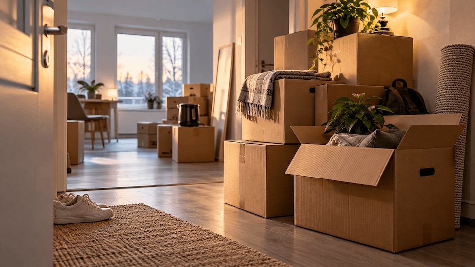 muutto-uuteen-kotiin-kansikuva - TaloEkspertti Living room with packed moving boxes, a blanket on a box, and plants, lit by sunset through the windows, suggesting a move.