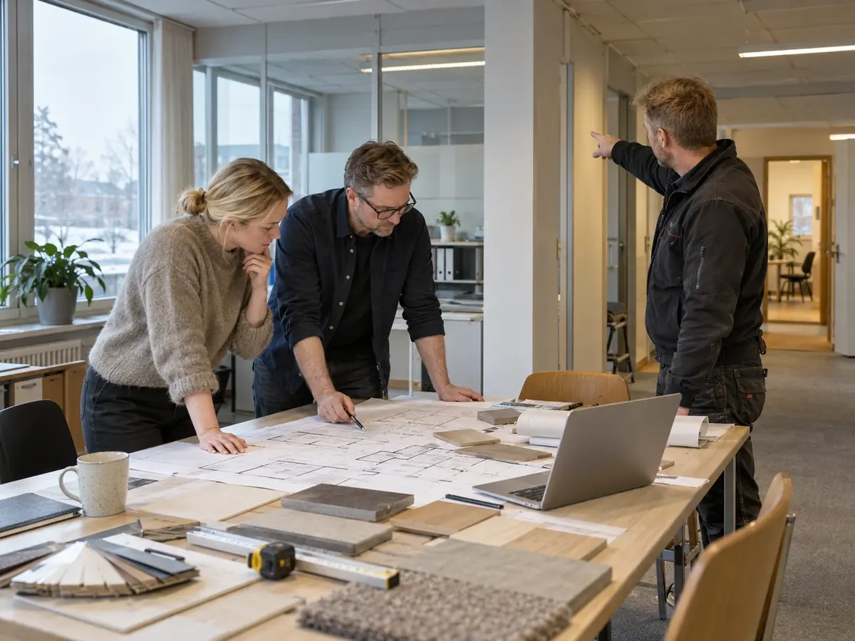 Toimitilaremontin suunnittelu - TaloEkspertti Yrityksen edustaja, suunnittelija ja remonttiammattilainen käyvät läpi pohjapiirustuksia ja materiaalinäytteitä toimistossa
